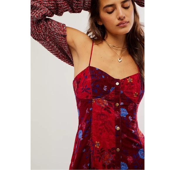 Free People Bohemian Grunge Witchy Corduroy Gail Midi Dress Scarlet Combo Medium - Picture 3 of 15